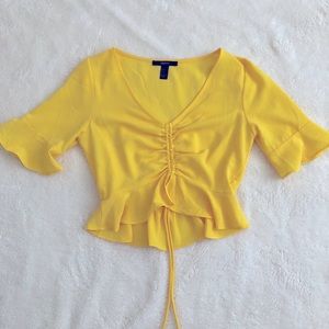 Adjustable Cropped Tie Front Yellow Blouse